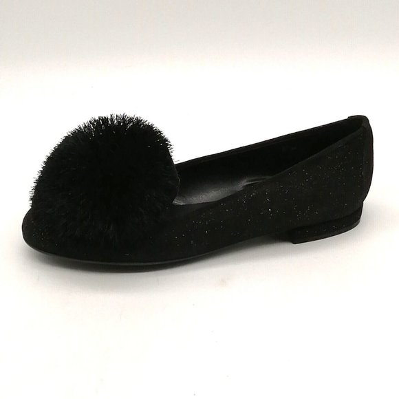 Sesto Meucci Womens Karla Front Pom Pom Slip On Flat Black Sparkle Sz 5 M NEW - Picture 1 of 10
